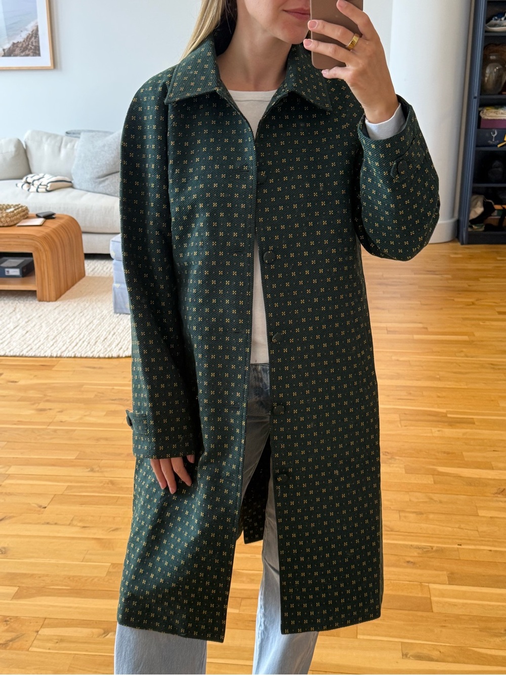 DONNI. Dark Green Daisy Coat with Yellow and Orange Accent Dots - Picture 2 of 11